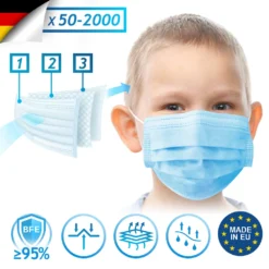 Virshields® Kindermasken Medizinisch - 3-lagig, BFE 95%, EU, DIN EN 14683, 50-2000 STK, Blau - Medizinische Masken, Mundschutz, Gesichtsmasken, Einwegmasken, Schutzmasken Für Kinder