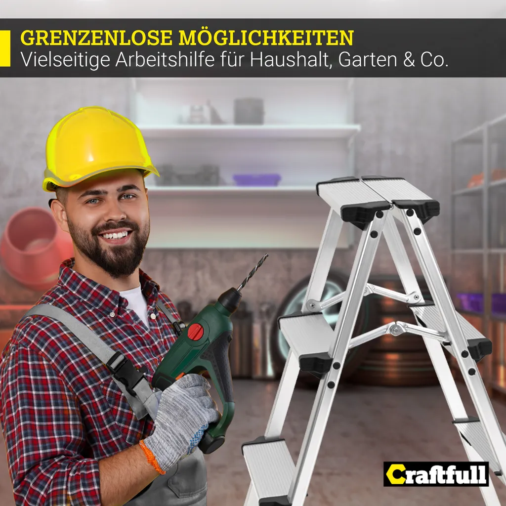 Craftfull Doppel-Klapptritt CF-131A, Aluminium-Trittleiter Klappbar (2 X 3 Stufen) 9 Craftfull Doppel-Klapptritt CF-131A, Aluminium-Trittleiter Klappbar (2 X 3 Stufen) – Bild 7