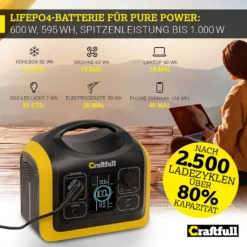 Craftfull Powerstation Adventure CP-600 Schwarz/Gelb, 595 Wh, 600 Watt, Tragbar, Lithium-Akku, Steckdose, USB -Vidailo Verkaufe 0b8a7a9ad64546b4dd7f1b95bda0c9f7