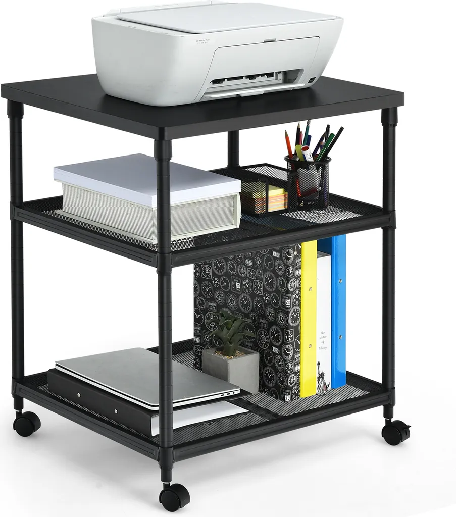COSTWAY 3-stöckiger Druckerständer, Mutifunktionaler Druckerwagen Mit 360° Drehbare & Feststellbare Räder, Stabiler Eisenrahmen, Höhenverstellbares Druckerregal 9 COSTWAY 3-stöckiger Druckerständer, Mutifunktionaler Druckerwagen Mit 360° Drehbare & Feststellbare Räder, Stabiler Eisenrahmen, Höhenverstellbares Druckerregal – Bild 7