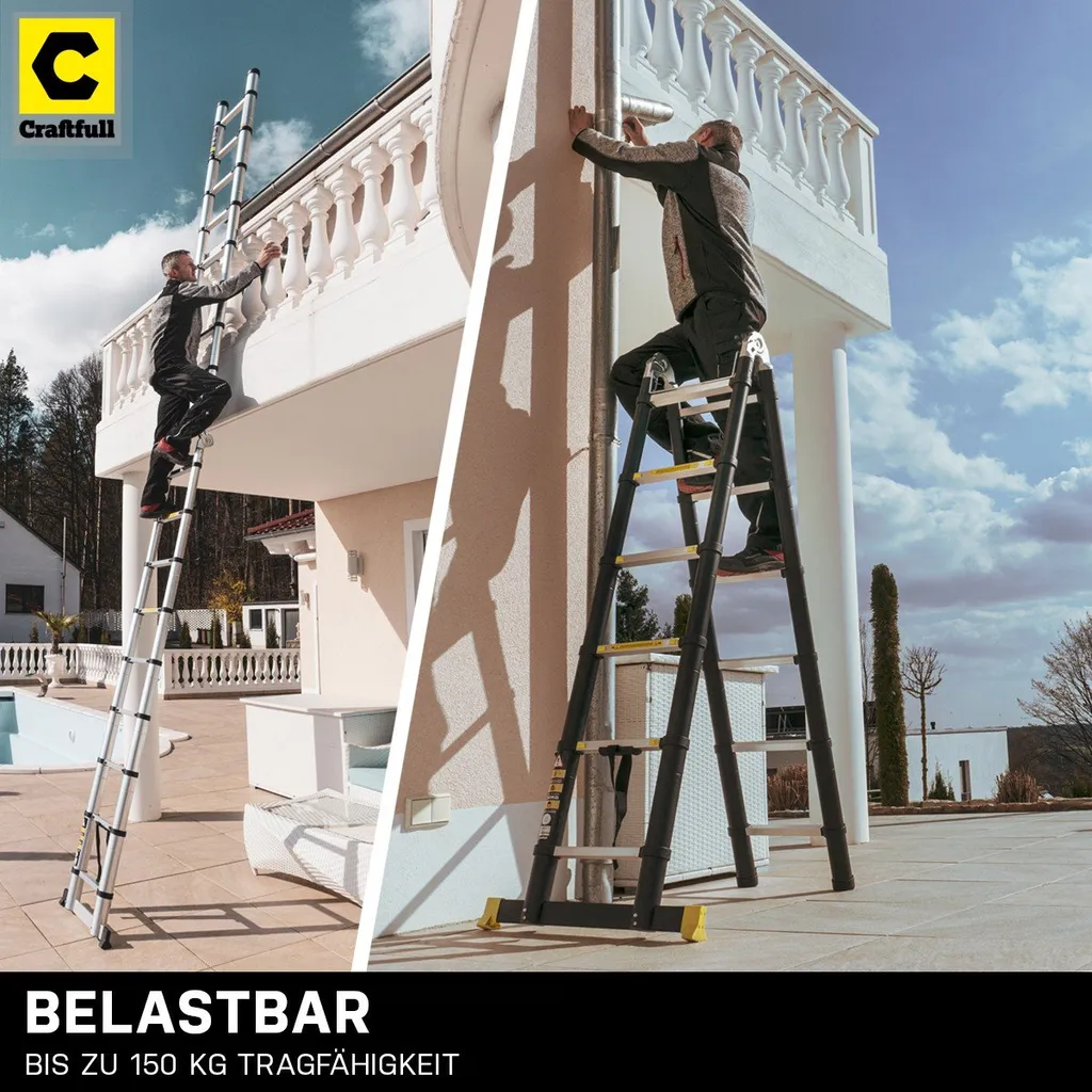 Craftfull Klapp-Teleskopleiter CF-102A - Aluminium - Klappleiter Und Anlegeleiter - Inkl. Tragetasche - Stehleiter - Mehrzweckleiter - 2 X 2.8 Meter (Total 5.6 M) 5 Craftfull Klapp-Teleskopleiter CF-102A - Aluminium - Klappleiter Und Anlegeleiter - Inkl. Tragetasche - Stehleiter - Mehrzweckleiter - 2 X 2.8 Meter (Total 5.6 M) – Bild 3
