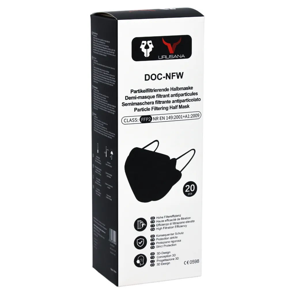 Urusana Partikelfiltrierende Halbmaske FFP2 | CE0598 (20 Stück) Schwarz 3 Urusana Partikelfiltrierende Halbmaske FFP2 | CE0598 (20 Stück) Schwarz