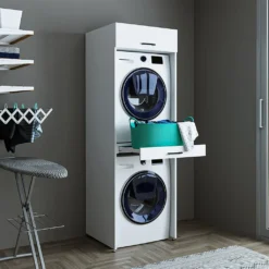 Roomart - Waschmaschinenschrank Für Trockner & Waschmaschine - Mit Ausziehbrett - Weiß - Schwarz Eiche: Weiß / + Ohne Klappschrank -Vidailo Verkaufe 21355d19dcac9c17ec9ce8c47ca9f459