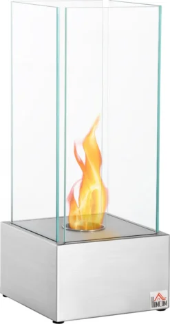 HOMCOM Ethanol-Kamin FeuerschaleEthanol-Brenner 0,4L 2 Std. Brenndauer 15m² Mit Feuerlöschdeckel Edelstahl Hartglas Silber 25 X 25 X 60 Cm
