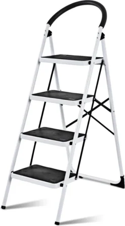 COSTWAY Trittleiter Klapptritt Weiss, Stehleiter Klappbar, Haushaltsleiter Stufenleiter Platzsparend, Metall, Stufenstehleiter 150 Kg Tragkraft 4-Stufen-Trittleiter