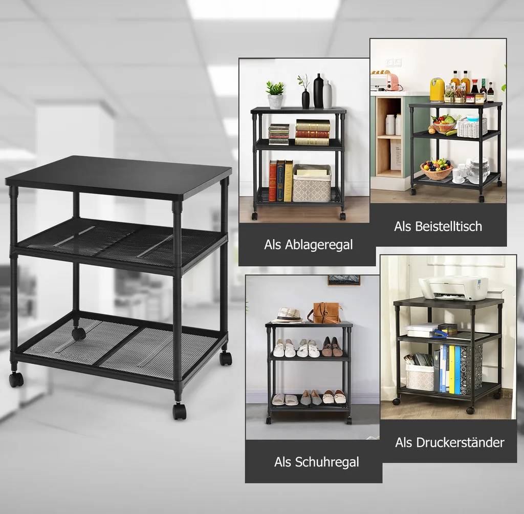 COSTWAY 3-stöckiger Druckerständer, Mutifunktionaler Druckerwagen Mit 360° Drehbare & Feststellbare Räder, Stabiler Eisenrahmen, Höhenverstellbares Druckerregal 8 COSTWAY 3-stöckiger Druckerständer, Mutifunktionaler Druckerwagen Mit 360° Drehbare & Feststellbare Räder, Stabiler Eisenrahmen, Höhenverstellbares Druckerregal – Bild 6