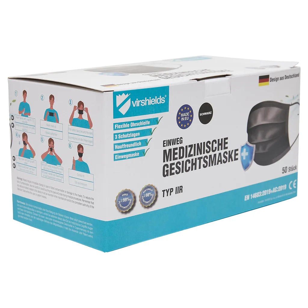 Virshields® Medizinischer Mundschutz - Typ IIR, BFE 99,98%/VFE 99,6%, DIN EN 14683, EU, 50-2000 STK, 3-lagig, Farbwahl - OP Masken, Mund Und Nasenschutz, Einweg Gesichtsmaske, Einwegmasken 9 Virshields® Medizinischer Mundschutz - Typ IIR, BFE 99,98%/VFE 99,6%, DIN EN 14683, EU, 50-2000 STK, 3-lagig, Farbwahl - OP Masken, Mund Und Nasenschutz, Einweg Gesichtsmaske, Einwegmasken – Bild 7