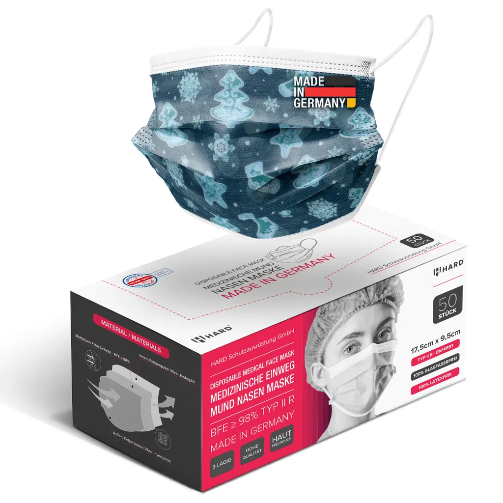 HARD 50x Medizinische Masken, Germany, TYP IIR - OP Maske, Höchste Qualität, , Leichtes Atmen - Standardgröße - Christmas Blue 3 HARD 50x Medizinische Masken, Germany, TYP IIR - OP Maske, Höchste Qualität, , Leichtes Atmen - Standardgröße - Christmas Blue