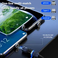 Magnetisches Ladekabel, Drehbares Magnetisches Ladekabel Mit LED, Kompatibel Mit USB-C-Typ-C-Micro-2-in-1-Ladekabel ,Black,2 Meter Noodle -Vidailo Verkaufe 355ec53bff209fc0df0f1442380461cf