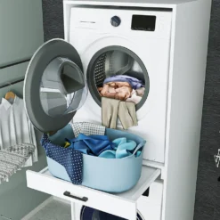 Roomart - Waschmaschinenschrank Für Trockner & Waschmaschine - Mit Ausziehbrett - Weiß - Schwarz Eiche: Weiß / + Ohne Klappschrank -Vidailo Verkaufe 379a24b5cb1a65dafa44e51e5bc813b4