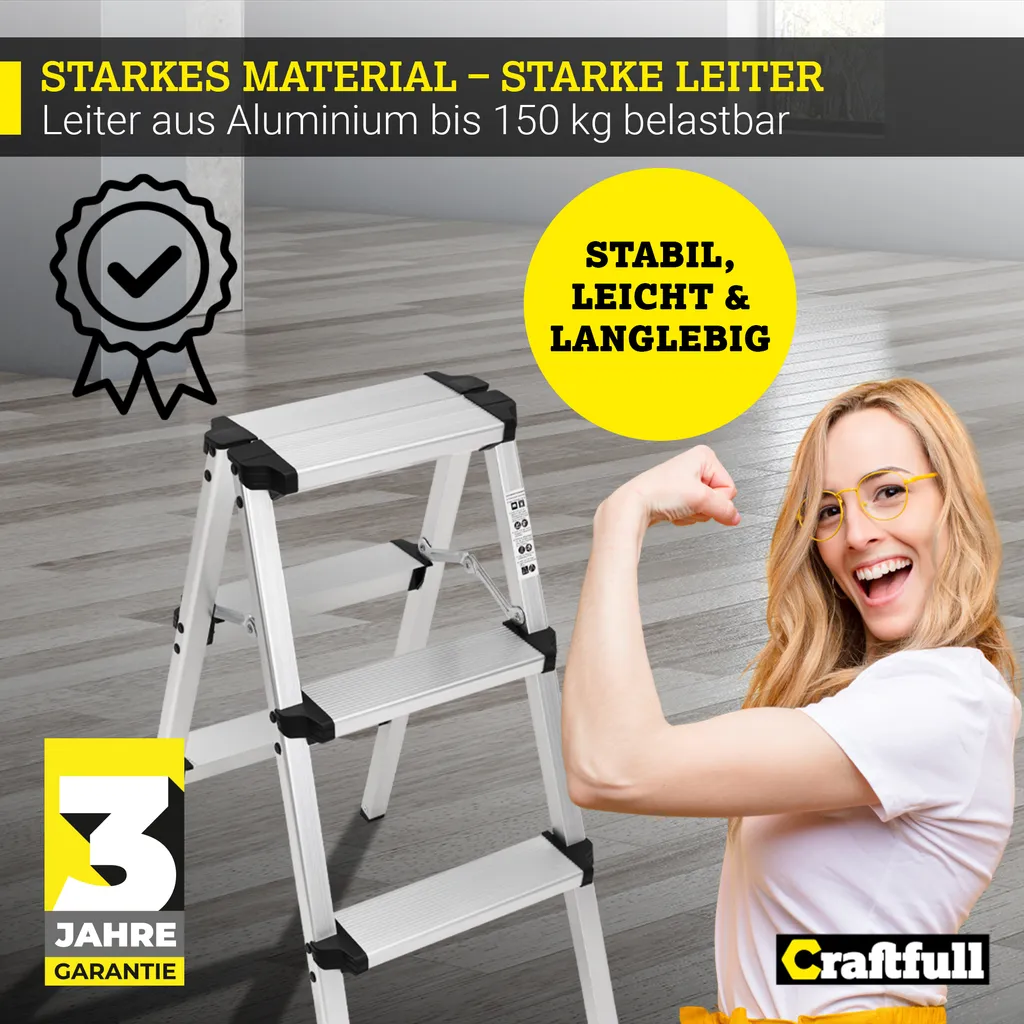Craftfull Doppel-Klapptritt CF-131A, Aluminium-Trittleiter Klappbar (2 X 3 Stufen) 7 Craftfull Doppel-Klapptritt CF-131A, Aluminium-Trittleiter Klappbar (2 X 3 Stufen) – Bild 5