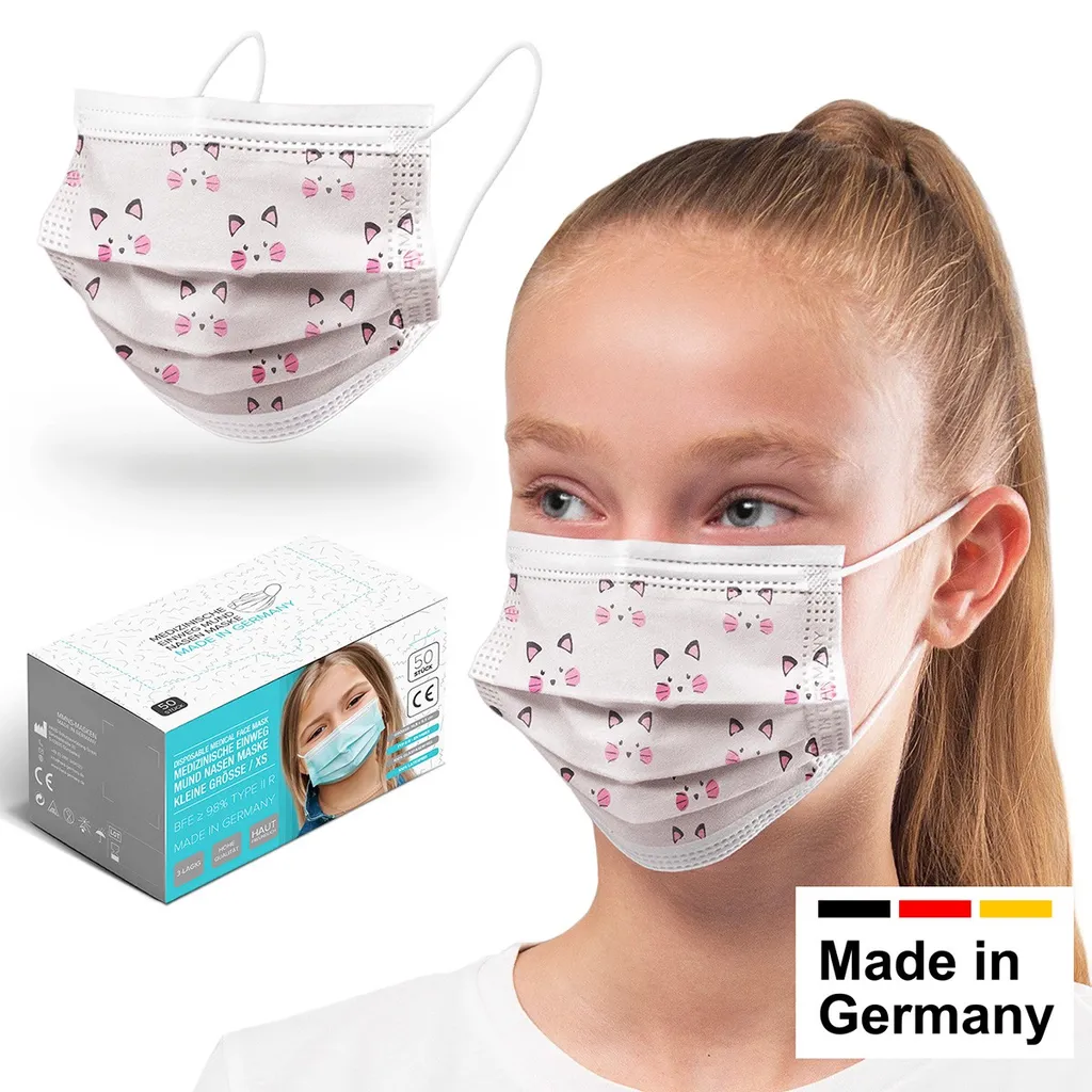 Medizinische Mundschutz Für Kinder -Maske Typ IIR, OP-Masken Kätzchen Weiß, Hergestellt In Deutschland - 50 Stück 4 Medizinische Mundschutz Für Kinder -Maske Typ IIR, OP-Masken Kätzchen Weiß, Hergestellt In Deutschland - 50 Stück – Bild 2