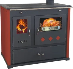Kaminofen Mit Backfach Und Herdplatte Pracktik Lux Rot Holzofen 9,5 KW Kamin Ofen Dauerbrandofen Werkstattofen Schwedenofen Hüttenofen Heizofen