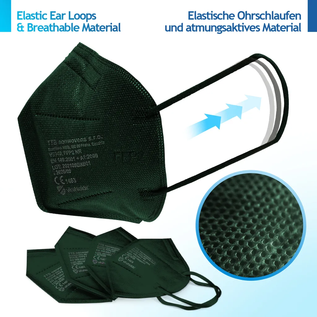 Virshields® FFP2 Mundschutz Maske - 20 Stück, PFE 94%, EN 149:2001+A1:2009, 5 Lagen, Filtrierend, EU, Dunkelgrün, Mit Ohrschlaufen - Halbmaske, Atemschutzmaske, Schutzmaske, Staubschutzmaske 6 Virshields® FFP2 Mundschutz Maske - 20 Stück, PFE 94%, EN 149:2001+A1:2009, 5 Lagen, Filtrierend, EU, Dunkelgrün, Mit Ohrschlaufen - Halbmaske, Atemschutzmaske, Schutzmaske, Staubschutzmaske – Bild 4