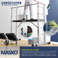 Masko® Baugerüst Alugerüst Gerüst ✓ Alu ✓ Leiter ✓ Arbeitsgerüst ✓ Arbeitsbühne | Bis 150 KG Belastbar | Anti-Rutsch Beschichtet | Gerüstleiter | (EN 131) -Vidailo Verkaufe 4926afd0a963ab6a056af99cb10d5caf