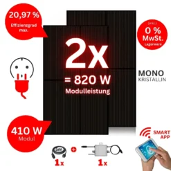 820W Balkonkraftwerk 600W Komplett Für Steckdose Solaranlage Komplettset Plus Wechselrichter Mit 2x 410W (820W) Solarpanel Und Wechselrichter (600W) Mit Wifi. 230V Plug'nPlay, Balkonanlage