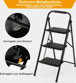COSTWAY Trittleiter 3 Stufen Stehleiter, Klappleiter Bis 150kg, Klapptritt Klappbar, Leiter Mit Rutschfester Handlauf & Plattform, Metall Haushaltsleiter, Für Zuhause Büro Garage, Schwarz -Vidailo Verkaufe 50ece8909936a1c8645bb25947b0e334
