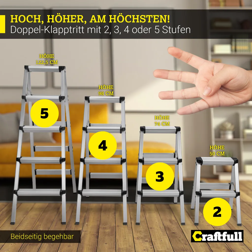 Craftfull Doppel-Klapptritt CF-131A, Aluminium-Trittleiter Klappbar (2 X 3 Stufen) 5 Craftfull Doppel-Klapptritt CF-131A, Aluminium-Trittleiter Klappbar (2 X 3 Stufen) – Bild 3