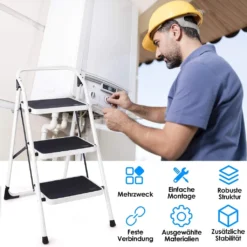 COSTWAY 3-Stufen Trittleiter Klappleiter, Stehleiter Klappbar, Haushaltsleiter Stufenleiter Platzsparend, Metall, Stufenstehleiter 150 Kg Tragkraft Weiß -Vidailo Verkaufe 5933665b18c459d88f4e9b6a817af06b