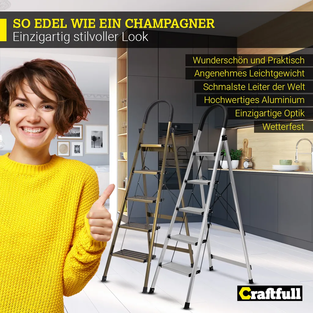 Craftfull Stehleiter CF-134A Klappleiter 5 Stufen Silber, Gummierte Standfüße, Alu Leiter Aluminiumleiter Aluleiter Mehrzweckleiter Multifunktionsleiter Haushaltsleiter Leiter 4 Craftfull Stehleiter CF-134A Klappleiter 5 Stufen Silber, Gummierte Standfüße, Alu Leiter Aluminiumleiter Aluleiter Mehrzweckleiter Multifunktionsleiter Haushaltsleiter Leiter – Bild 2