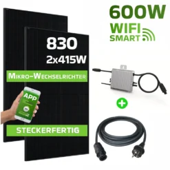 Balkonkraftwerk 830 W / 600 W Solaranlage Steckerfertig WIFI Smarte Mini-PV Photovoltaik Anlage 600 Watt Genehmigungsfrei, Schwarz