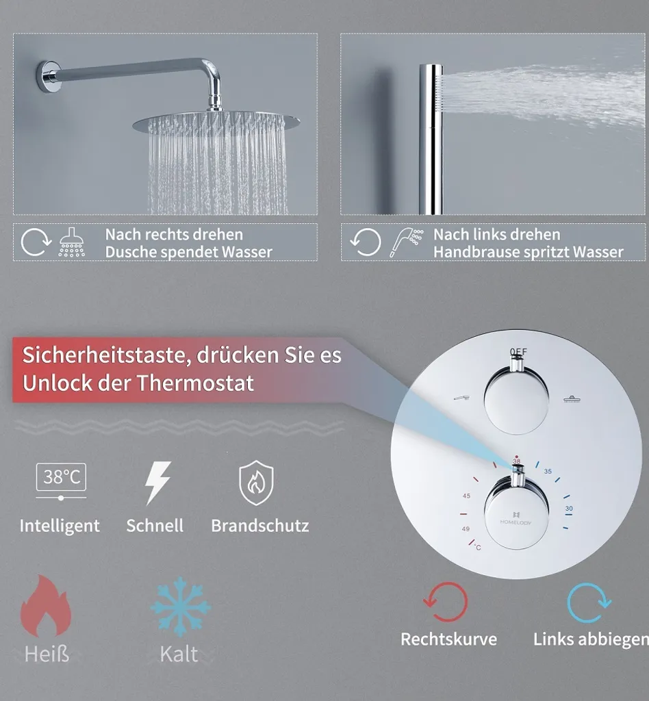 HOMELODY Regendusche Duschsystem Mit Thermostat Unterputz Duscharmatur Rund, Duschamaturenset Chrom Duschset Dusche 12 Zoll Kopfbrause, Anti-Verbrühungs-Duschsystem 6 HOMELODY Regendusche Duschsystem Mit Thermostat Unterputz Duscharmatur Rund, Duschamaturenset Chrom Duschset Dusche 12 Zoll Kopfbrause, Anti-Verbrühungs-Duschsystem – Bild 4