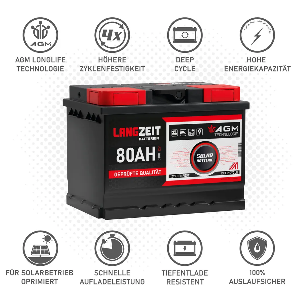 Langzeit AGM Batterie 80Ah 12V Solarbatterie Wohnmobil Batterie Bootsbatterie Akku 4 Langzeit AGM Batterie 80Ah 12V Solarbatterie Wohnmobil Batterie Bootsbatterie Akku – Bild 2