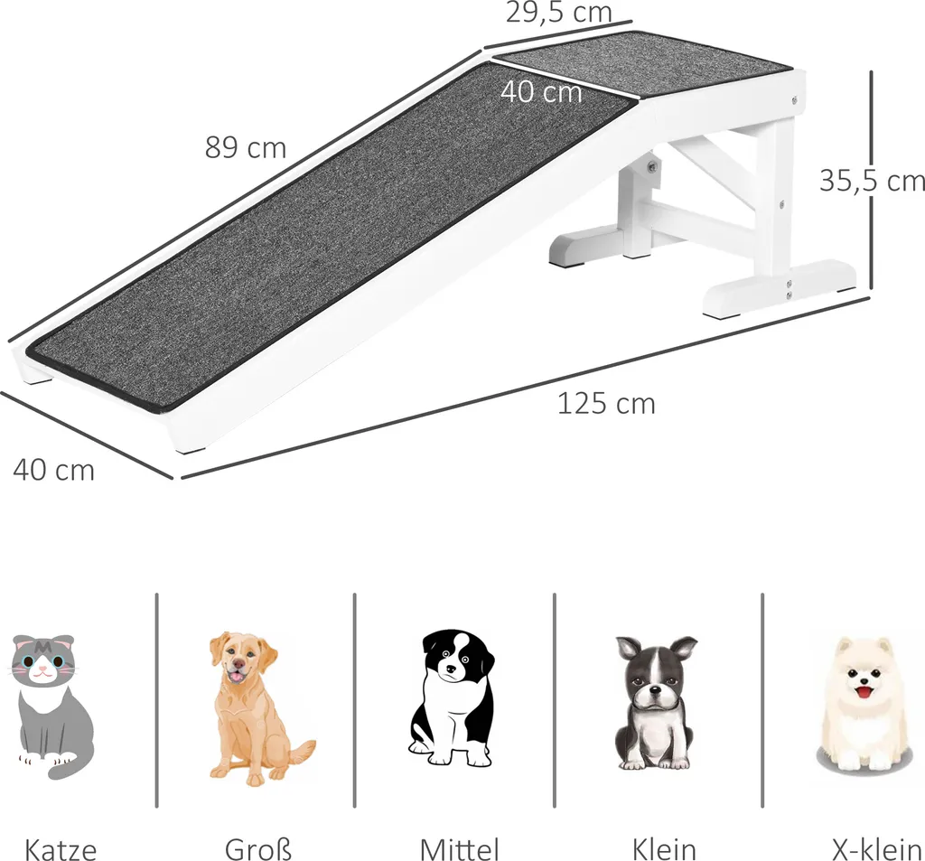PawHut Haustierrampe Mit Rutschfestem Teppich Haustierleiter Hunderampe Für Hund Bis 30 Kg Kiefernholz Polyester Weiß+Grau 125 X 40 X 35,5 Cm 5 PawHut Haustierrampe Mit Rutschfestem Teppich Haustierleiter Hunderampe Für Hund Bis 30 Kg Kiefernholz Polyester Weiß+Grau 125 X 40 X 35,5 Cm – Bild 3