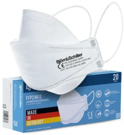 Björn&Schiller FFP2 Masken Einzeln Verpackt, 20 Stück, Germany, Atemschutzmaske Weiß 3-lagig CE 2233 , Schutzmasken Medizinisch, Atmungsaktive Einwegmaske, Mundschutz & Nasenschutz
