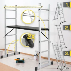 Jago® Baugerüst - 4 In1 Arbeitshöhe Max 280cm, Bis Zu 150kg Belastbar, Anti-Rutsch, Mit Rollen - Alu Multifunktionsleiter, Leitergerüst, Arbeitsgerüst, Arbeitsbühne, Mehrzweckleiter, Arbeitsplattform