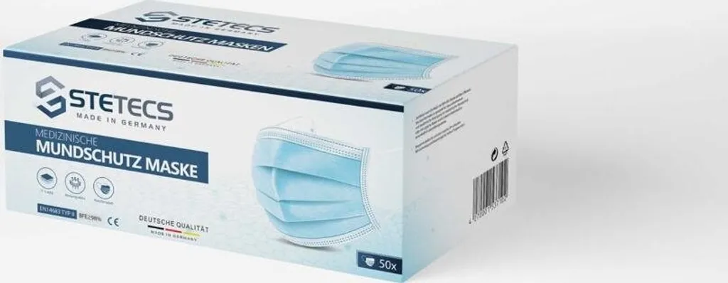 Stetecs OP Mundschutz Germany, Maske 3-lagig Medizinischer Mundschutz EN 14683 (Typ II R) Blau 3 Stetecs OP Mundschutz Germany, Maske 3-lagig Medizinischer Mundschutz EN 14683 (Typ II R) Blau
