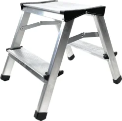Trittleiter Mit 2 Stufen – Doppelseitige Profi-Leiter Aus Aluminium, Bis Zu 125 Kg Belastung
