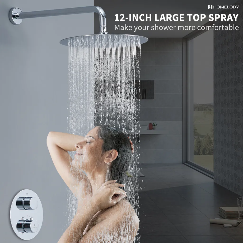 HOMELODY Regendusche Duschsystem Mit Thermostat Unterputz Duscharmatur Rund, Duschamaturenset Chrom Duschset Dusche 12 Zoll Kopfbrause, Anti-Verbrühungs-Duschsystem 4 HOMELODY Regendusche Duschsystem Mit Thermostat Unterputz Duscharmatur Rund, Duschamaturenset Chrom Duschset Dusche 12 Zoll Kopfbrause, Anti-Verbrühungs-Duschsystem – Bild 2
