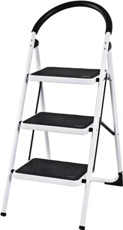 COSTWAY Trittleiter Klapptritt Weiss, Stehleiter Klappbar, Haushaltsleiter Stufenleiter Platzsparend, Metall, Stufenstehleiter 150 Kg Tragkraft 3-Stufen-Trittleiter