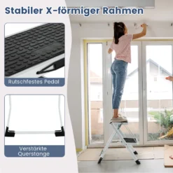 COSTWAY Klapptritt Mit 2 Stufen, Trittleiter Klappbar, 20 Cm Breit, Bis 150 Kg Belastbar, Klappleiter Mit Tragegriff & Anti-Rutsch-Pedal, Haushaltsleiter Für Zuhause Büro Garage, Metall, Weiß -Vidailo Verkaufe 8bc7181243c3b080c5a94d10f503923e