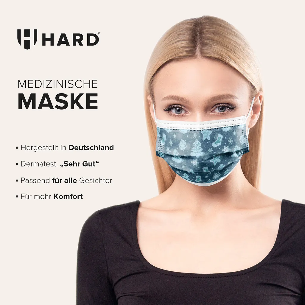HARD 50x Medizinische Masken, Germany, TYP IIR - OP Maske, Höchste Qualität, , Leichtes Atmen - Standardgröße - Christmas Blue 5 HARD 50x Medizinische Masken, Germany, TYP IIR - OP Maske, Höchste Qualität, , Leichtes Atmen - Standardgröße - Christmas Blue – Bild 3