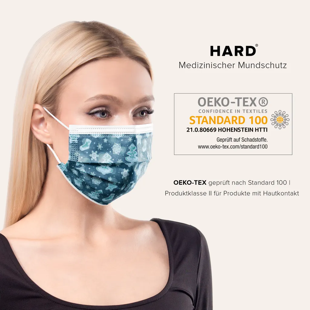 HARD 50x Medizinische Masken, Germany, TYP IIR - OP Maske, Höchste Qualität, , Leichtes Atmen - Standardgröße - Christmas Blue 9 HARD 50x Medizinische Masken, Germany, TYP IIR - OP Maske, Höchste Qualität, , Leichtes Atmen - Standardgröße - Christmas Blue – Bild 7