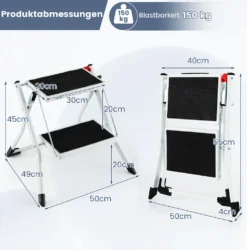COSTWAY Klapptritt Mit 2 Stufen, Trittleiter Klappbar, 20 Cm Breit, Bis 150 Kg Belastbar, Klappleiter Mit Tragegriff & Anti-Rutsch-Pedal, Haushaltsleiter Für Zuhause Büro Garage, Metall, Weiß -Vidailo Verkaufe 8e6866c9eab39224d3285399f8cf48c2