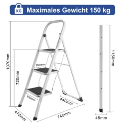 Meykoers Klapptritt Trittleiter 3 Stufen Eisen Stehleiter Mit Tragegriff, Mit Rutschfester Gummimatte Haushaltsleiter, Bis 150 Kg Belastbar -Vidailo Verkaufe 8ff3ce46b6d9b46a14f56c2488abd218