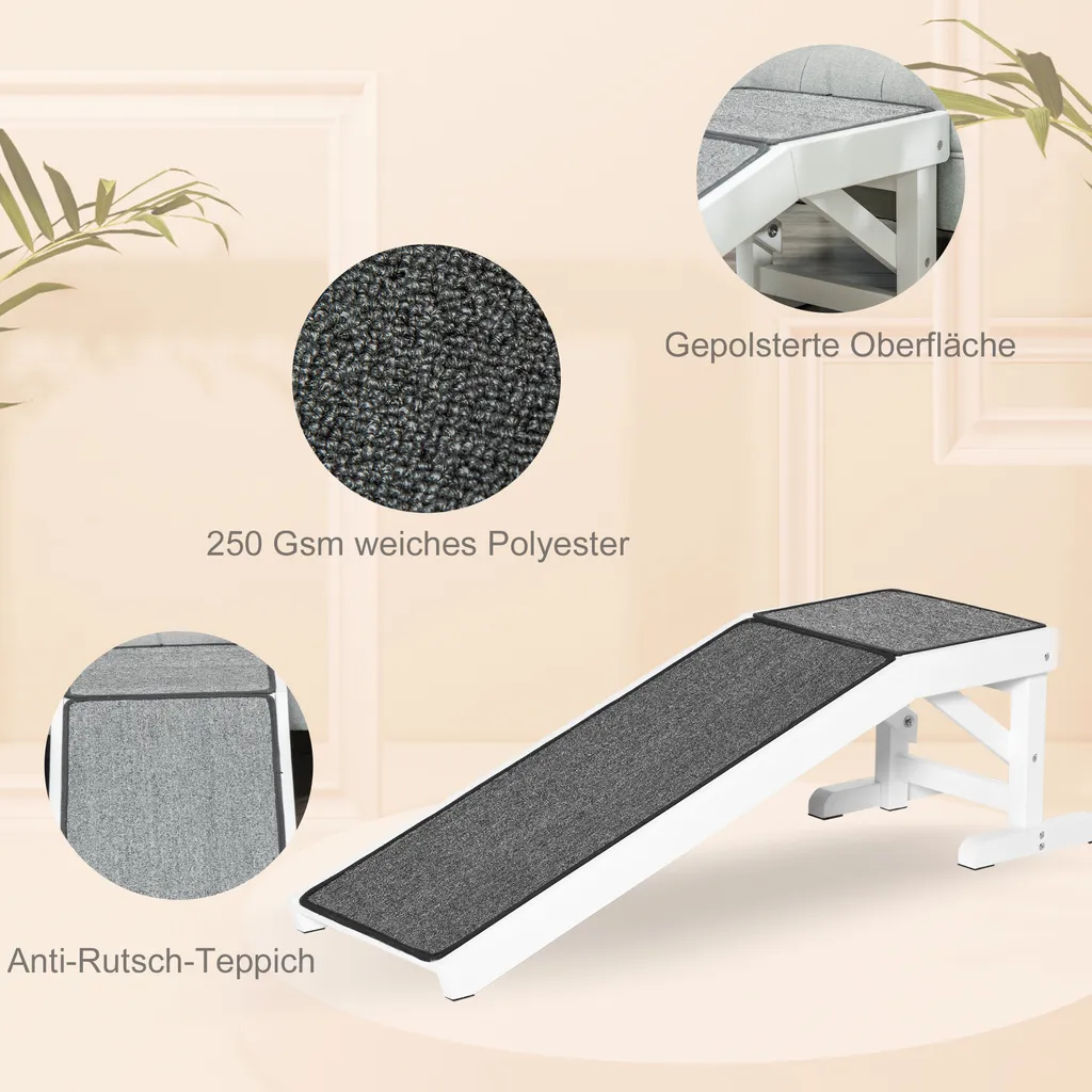 PawHut Haustierrampe Mit Rutschfestem Teppich Haustierleiter Hunderampe Für Hund Bis 30 Kg Kiefernholz Polyester Weiß+Grau 125 X 40 X 35,5 Cm 8 PawHut Haustierrampe Mit Rutschfestem Teppich Haustierleiter Hunderampe Für Hund Bis 30 Kg Kiefernholz Polyester Weiß+Grau 125 X 40 X 35,5 Cm – Bild 6