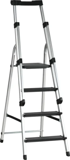 DURHAND Klapptritt Stehleiter Mit 4 Stufen Rutschfest Rostfrei Leiter Gerüstbock Mit Werkzeugablage Handlauf Bis 150 Kg Belastbar Inkl. Anti-Rutsch-Füße Alu 45,5 X 82 X 145 Cm