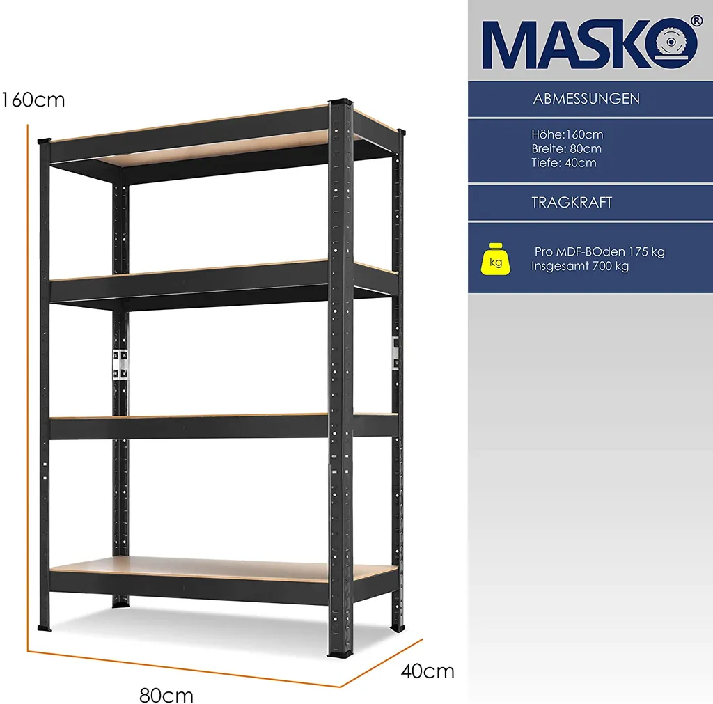 MASKO® 2er-Set Lagerregal Schwerlastregal, Kellerregal , Bis 875 Kg Belastbar, 5 Verstellbare Ablagen, MDF-Platten Regal Aus Metall, Steckregal, Werkstattregal, Keller, Garage, Farbe:2x Schwarz 700kg, Größe:2x 160x80x40cm 4-Böden 10 MASKO® 2er-Set Lagerregal Schwerlastregal, Kellerregal , Bis 875 Kg Belastbar, 5 Verstellbare Ablagen, MDF-Platten Regal Aus Metall, Steckregal, Werkstattregal, Keller, Garage, Farbe:2x Schwarz 700kg, Größe:2x 160x80x40cm 4-Böden – Bild 8