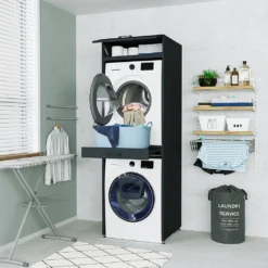 Roomart - Waschmaschinenschrank Für Trockner & Waschmaschine - Mit Ausziehbrett - Weiß - Schwarz Eiche: Weiß / + Ohne Klappschrank -Vidailo Verkaufe 9b224df12431636532dc118a09f2b224