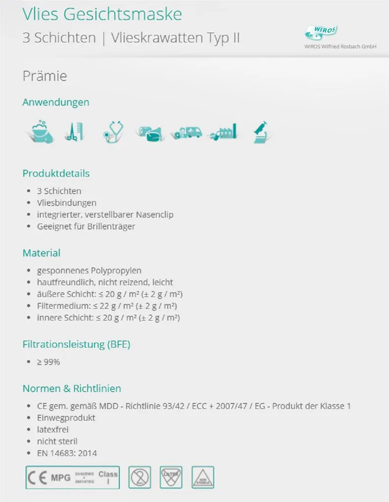 Wiros 40 X 50 Stk.(2000 Stk) OP Mundschutz Grün Maske Atemschutz M. Gummizug 3-lagig Atemmaske 4 Wiros 40 X 50 Stk.(2000 Stk) OP Mundschutz Grün Maske Atemschutz M. Gummizug 3-lagig Atemmaske – Bild 2