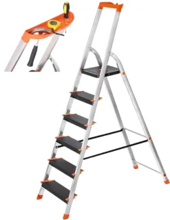 SONGMICS Leiter 6 Stufen, Max. Statische Belastbarkeit 150 Kg, 12 Cm Breite Stufen, Mehrzweckleiter, Aluleiter, Stehleiter, Werkzeugschale, Klappleiter, Rutschfest, Rheinland GS-Zertifikat, Erfüllt EN131 GLT06BK