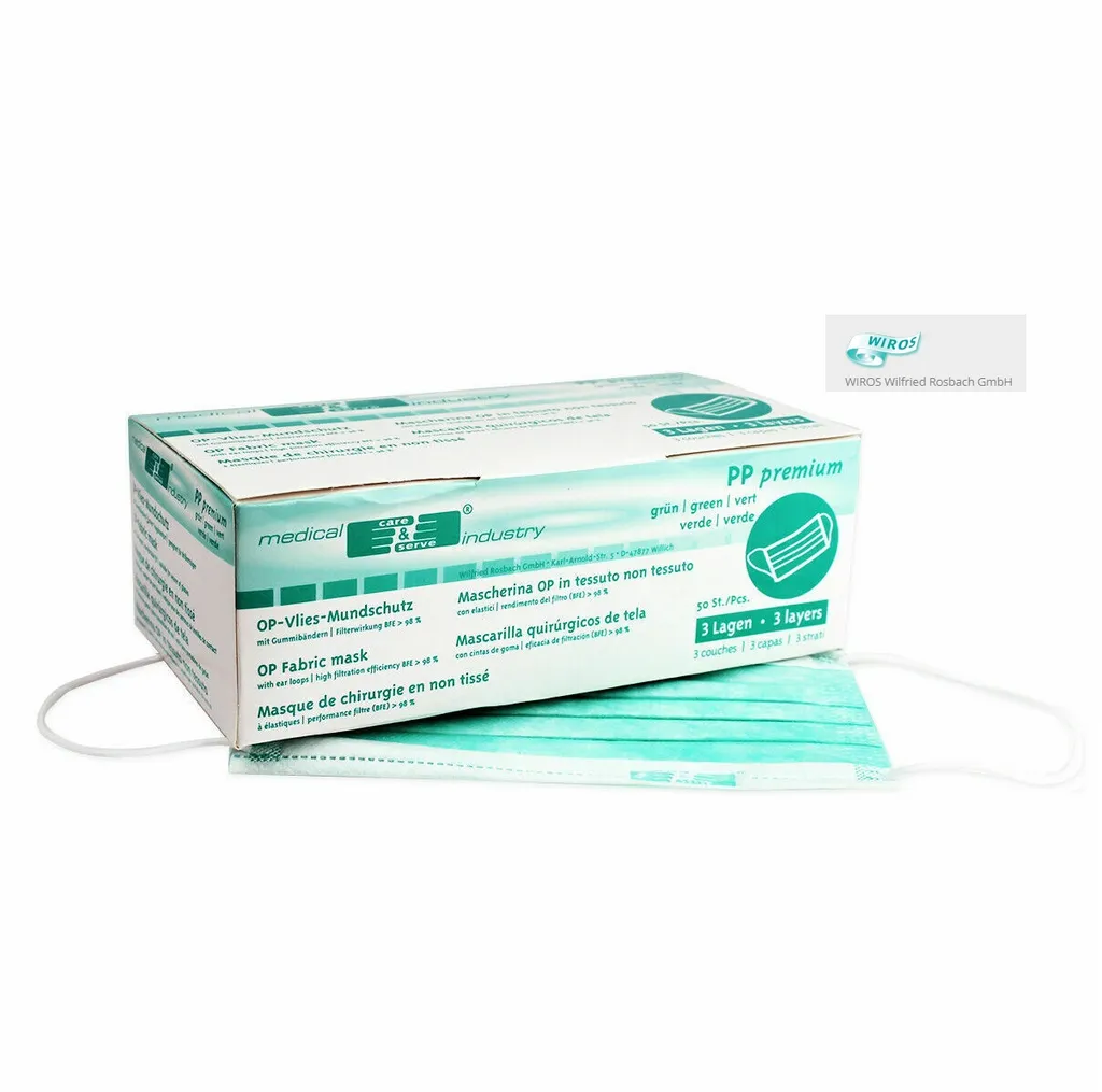Wiros 40 X 50 Stk.(2000 Stk) OP Mundschutz Grün Maske Atemschutz M. Gummizug 3-lagig Atemmaske 3 Wiros 40 X 50 Stk.(2000 Stk) OP Mundschutz Grün Maske Atemschutz M. Gummizug 3-lagig Atemmaske