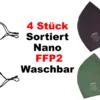 ANG Nano FFP2 R Maske 4 Stück Bunt Sortiert - Hergestellt In Europa - 20 Mal Waschbar – Wiederverwendbar Verstellbare – Ohrenschlaufen Und Nasenbügel - ( Schwarz, Grau, Navy Blau, Grün)