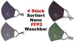 ANG Nano FFP2 R Maske 4 Stück Bunt Sortiert - Hergestellt In Europa - 20 Mal Waschbar – Wiederverwendbar Verstellbare – Ohrenschlaufen Und Nasenbügel - ( Schwarz, Grau, Navy Blau, Grün)