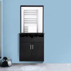 Barberpub Friseur Waschtisch Friseurwaschplatz 3130BK, Mit Waschbecken, Mit Wandspiegel, Mit Unterschrank 80 Cm, Friseur Salon SPA Friseureinrichtung, MFC+PVC, Schwarz, 47,5 X 84 X 169 Cm -Vidailo Verkaufe b0571c9d0053572284146e17d585ccb0