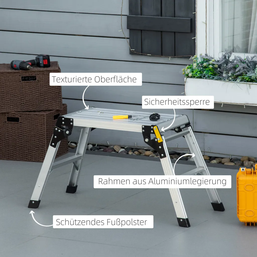 DURHAND Werkbank Klappstufen Klappbare Arbeitsplattform Rutschfester Werktisch Mit Sicherheitsriegel Bis 150 KG Aluminiumlegierung Stahl Silber 94 X 38,5 X 48cm 6 DURHAND Werkbank Klappstufen Klappbare Arbeitsplattform Rutschfester Werktisch Mit Sicherheitsriegel Bis 150 KG Aluminiumlegierung Stahl Silber 94 X 38,5 X 48cm – Bild 4